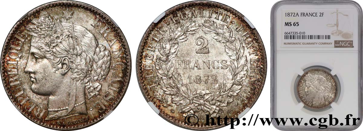 2 francs Cérès, avec légende 1872 Paris F.265/8 MS65 NGC