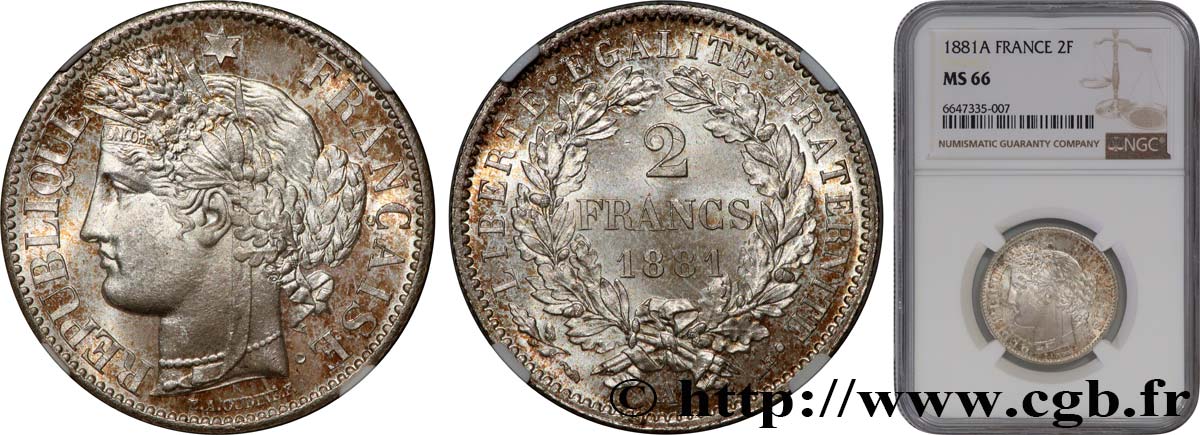 2 francs Cérès, avec légende 1881 Paris F.265/12 MS66 NGC