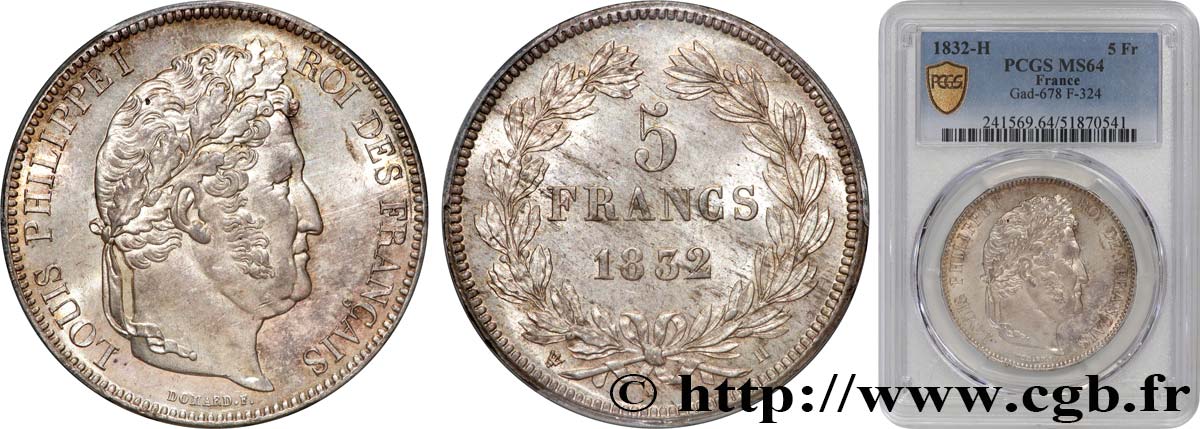 5 francs IIe type Domard 1832 La Rochelle F.324/5 MS64 PCGS