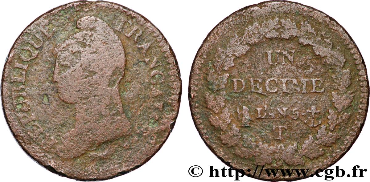 Un décime Dupré, grand module,  refrappage  du 2 décimes 1797 Nantes F.128/11 B 