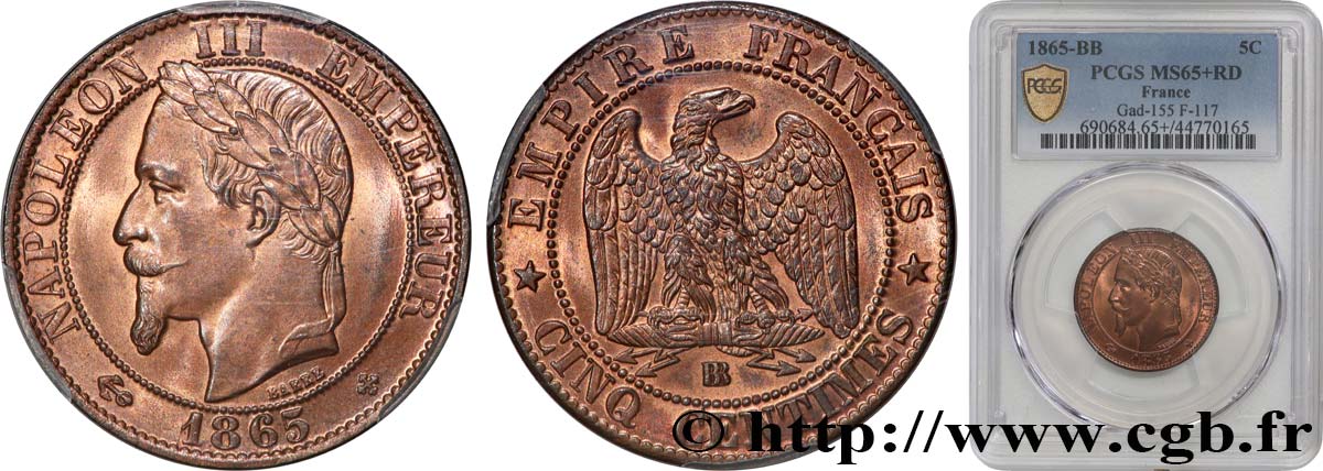 Cinq centimes Napoléon III, tête laurée 1865 Strasbourg F.117/17 MS65 PCGS