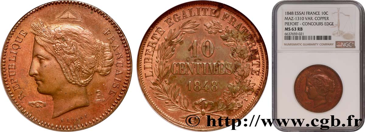 Concours de 10 centimes, piéfort au quadruple,  par Rogat, premier concours, premier revers, tranche inscrite 1848 Paris VG.3169 P SPL63 NGC
