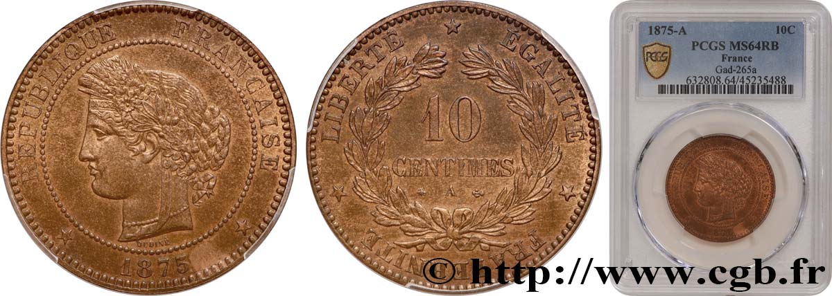 10 centimes Cérès 1875 Paris F.135/14 SPL64 PCGS