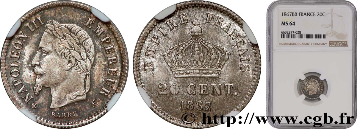 20 centimes Napoléon III, tête laurée, grand module 1867 Strasbourg F.150/2 SPL64 NGC