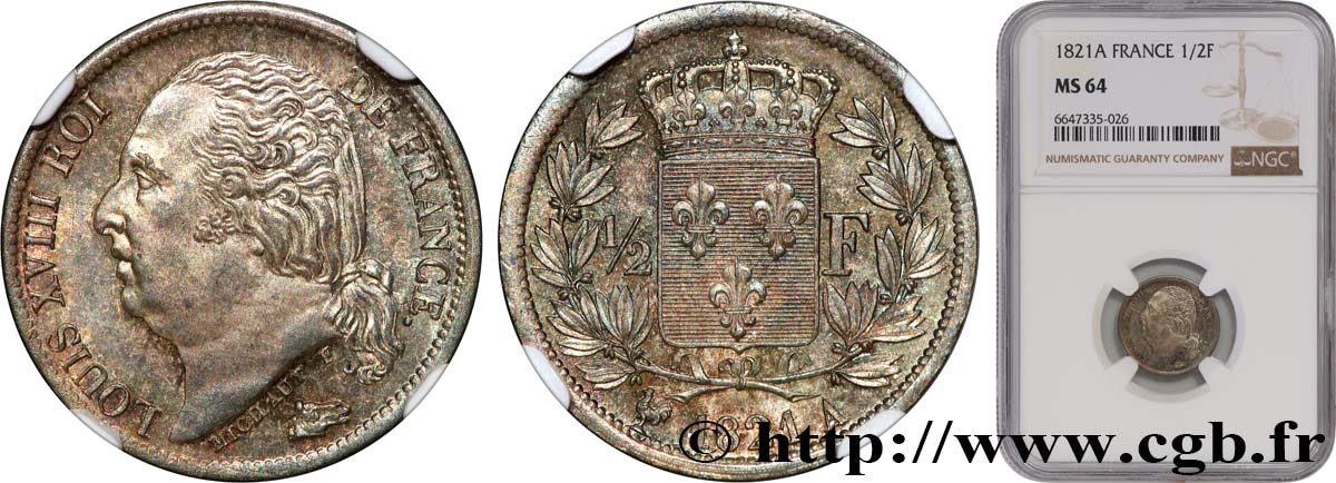1/2 franc Louis XVIII 1821 Paris F.179/28 SPL64 NGC