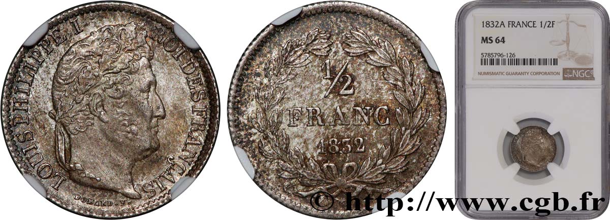 1/2 franc Louis-Philippe 1832 Paris F.182/14 SPL64 NGC