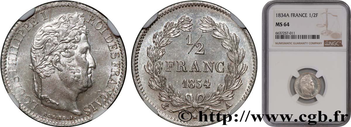 1/2 franc Louis-Philippe 1834 Paris F.182/40 SPL64 NGC