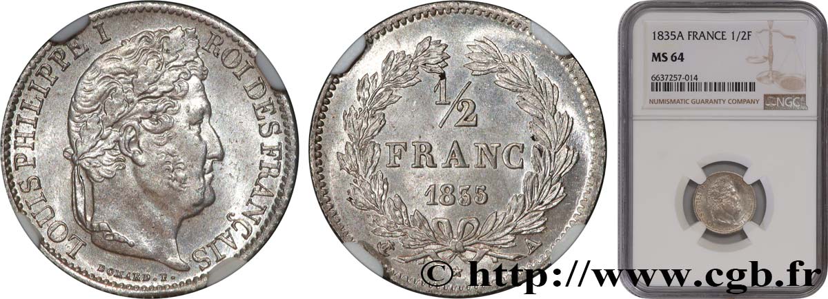 1/2 franc Louis-Philippe 1835 Paris F.182/54 fST64 NGC