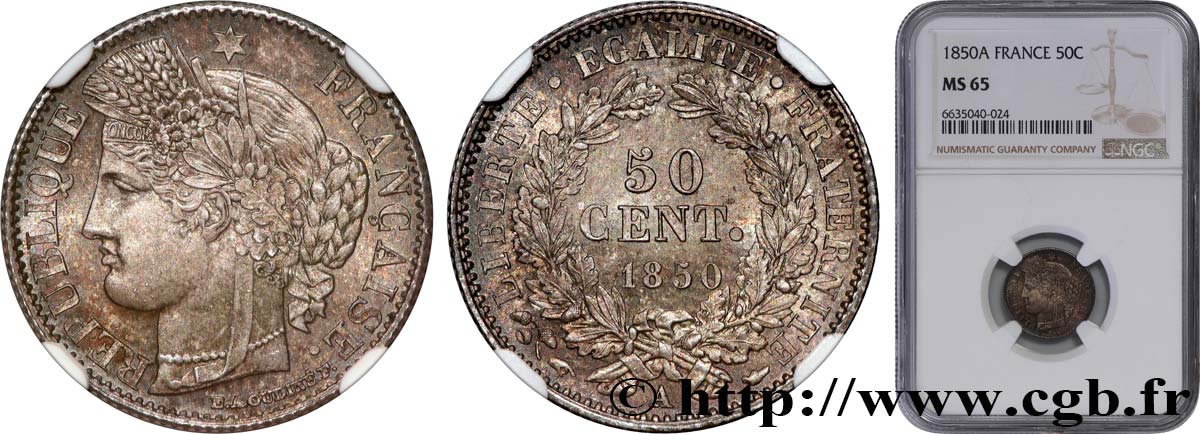 50 centimes Cérès, IIe République 1850 Paris F.184/2 FDC65 NGC