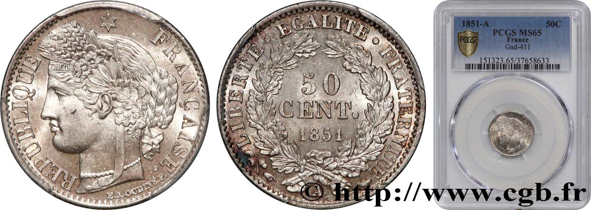 50 centimes Cérès, IIe République 1851 Paris F.184/5 MS65 PCGS