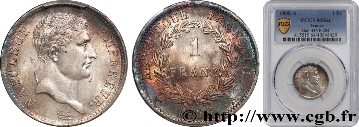 1 franc Napoléon Ier tête laurée, République française 1808 Paris F.204/2 MS64 PCGS