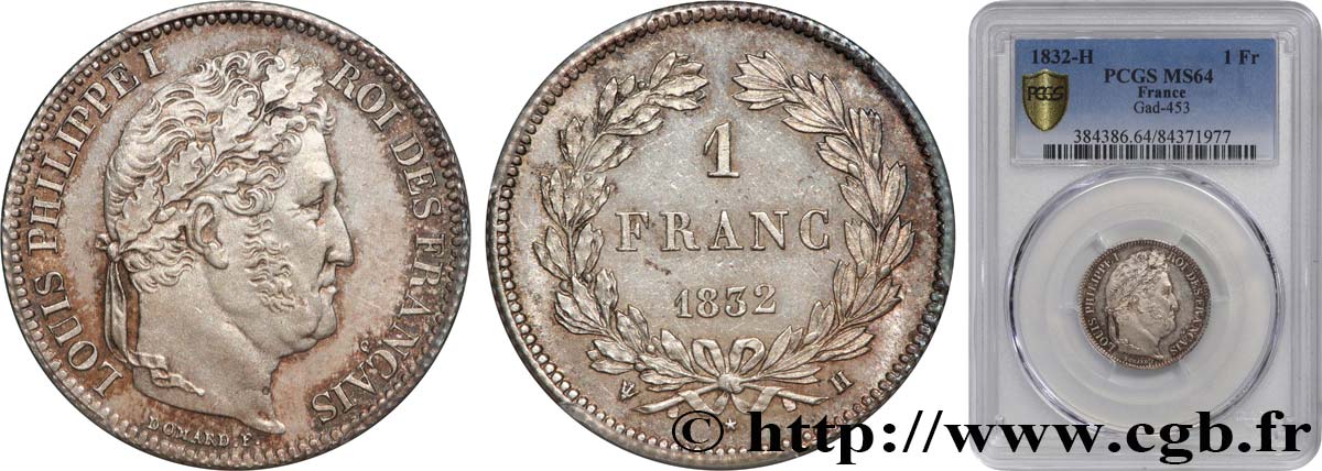 1 franc Louis-Philippe, couronne de chêne 1832 La Rochelle F.210/5 MS64 PCGS