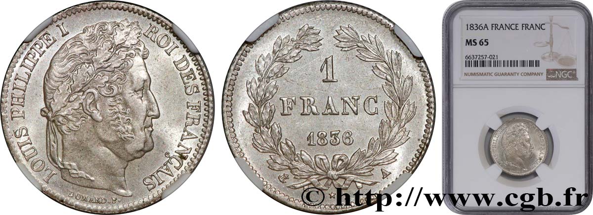 1 franc Louis-Philippe, couronne de chêne 1836 Paris F.210/50 MS65 NGC
