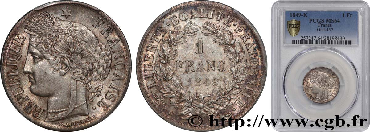 1 franc Cérès, IIe République 1849 Bordeaux F.211/3 SPL64 PCGS