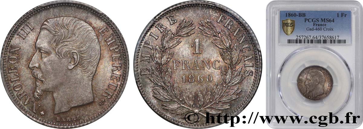 1 franc Napoléon III, tête nue 1860 Strasbourg F.214/19 SPL64 PCGS