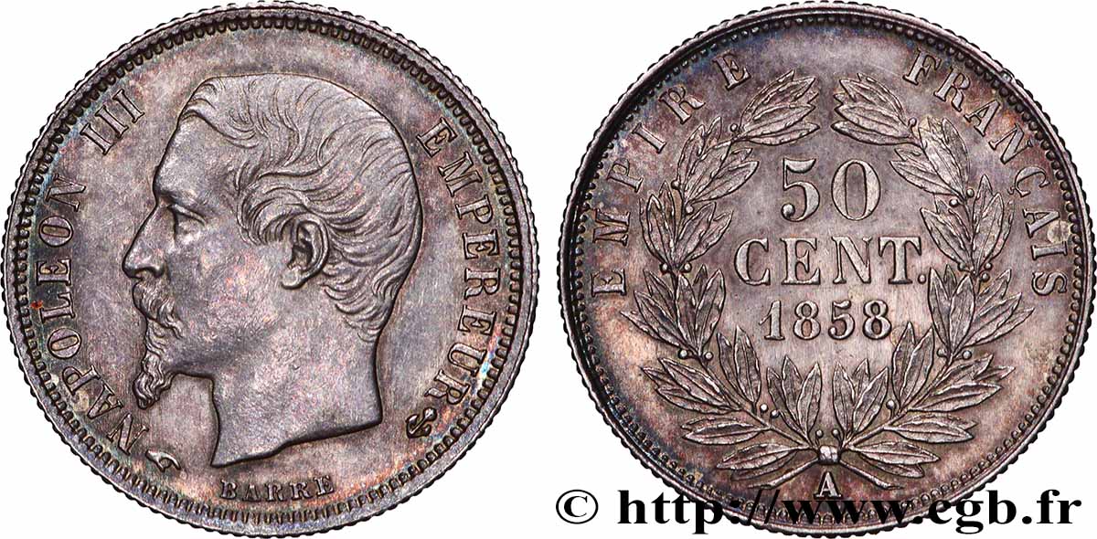 50 centimes Napoléon III, tête nue 1858 Paris F.187/9 SUP 