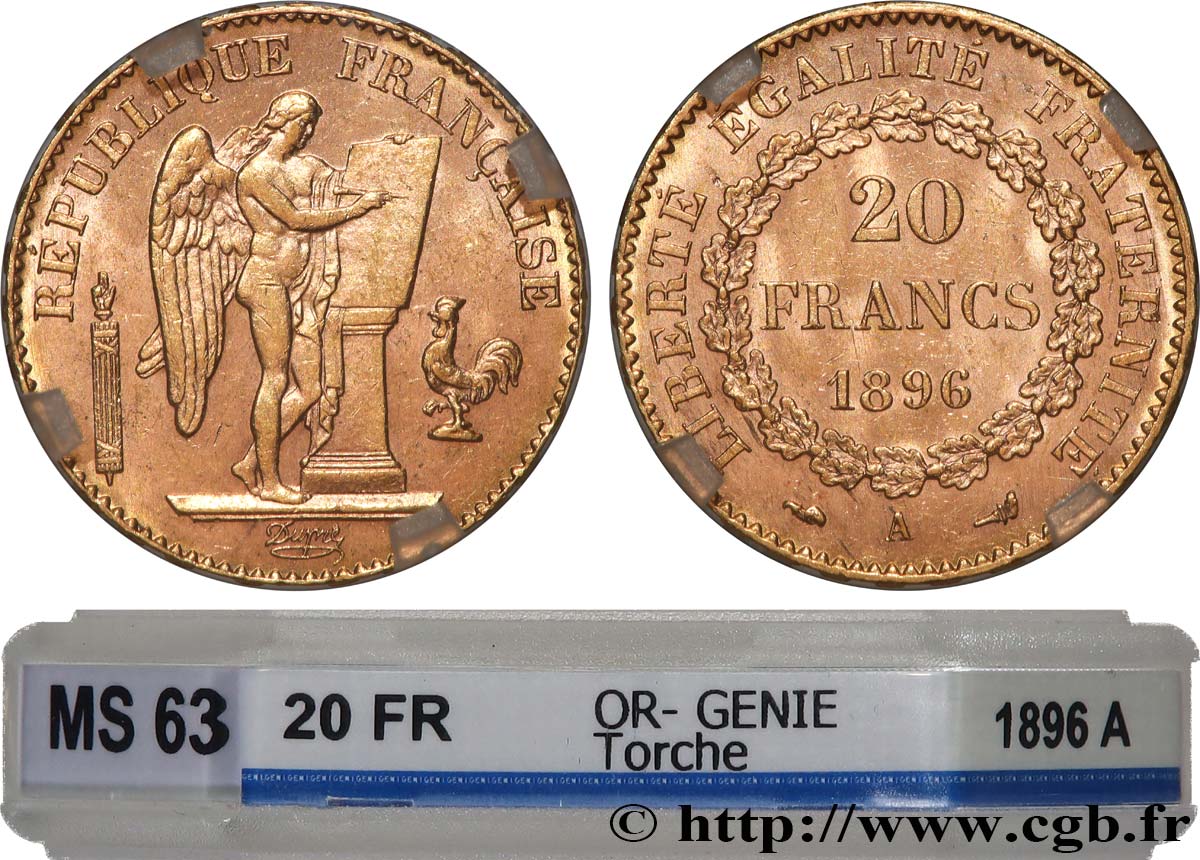 20 francs or Génie, Troisième République, différent torche 1896 Paris F.533/21 MS63 GENI