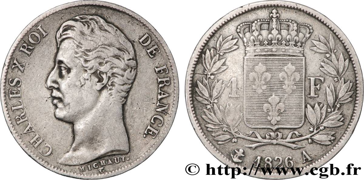1 franc Charles X, matrice du revers à cinq feuilles 1826 Paris F.207/13 TB+ 