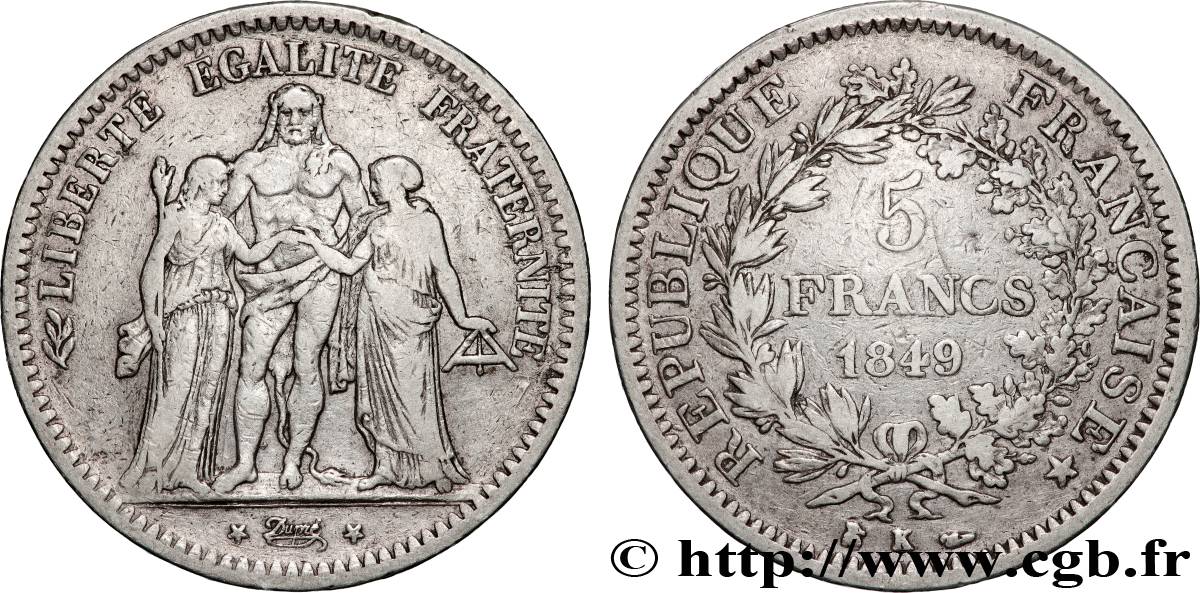 5 francs Hercule, IIe République 1849 Bordeaux F.326/7 TB 
