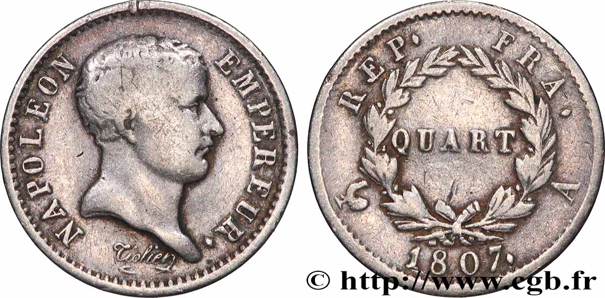 Quart (de franc) Napoléon Empereur, tête de nègre 1807 Paris F.160/1 TB 