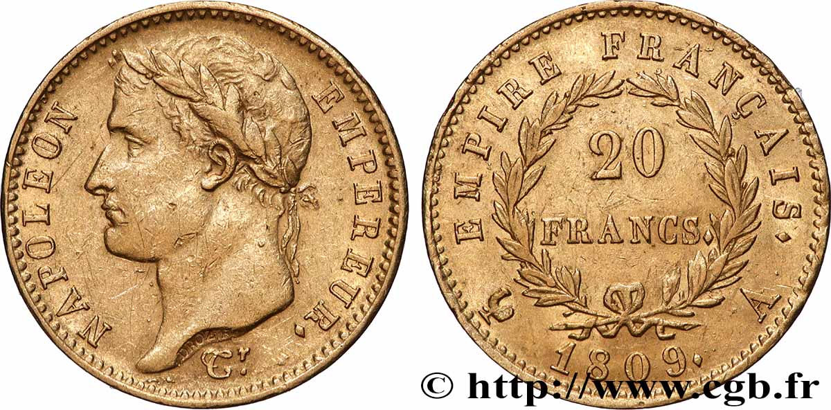 20 francs or Napoléon tête laurée, Empire français 1809 Paris F.516/1 TTB+ 