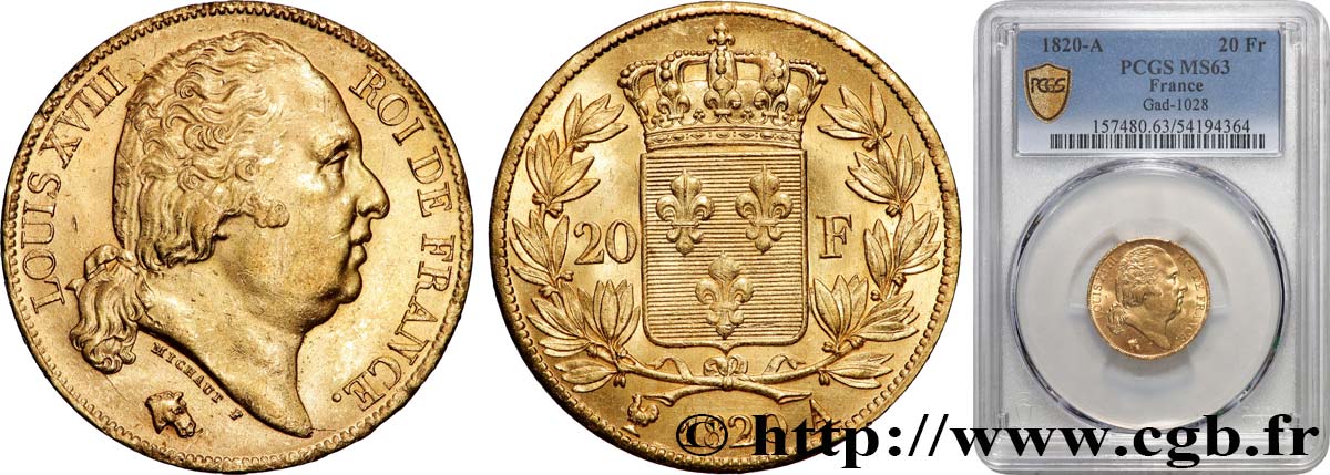 20 francs or Louis XVIII, tête nue 1820 Paris F.519/19 MS63 PCGS