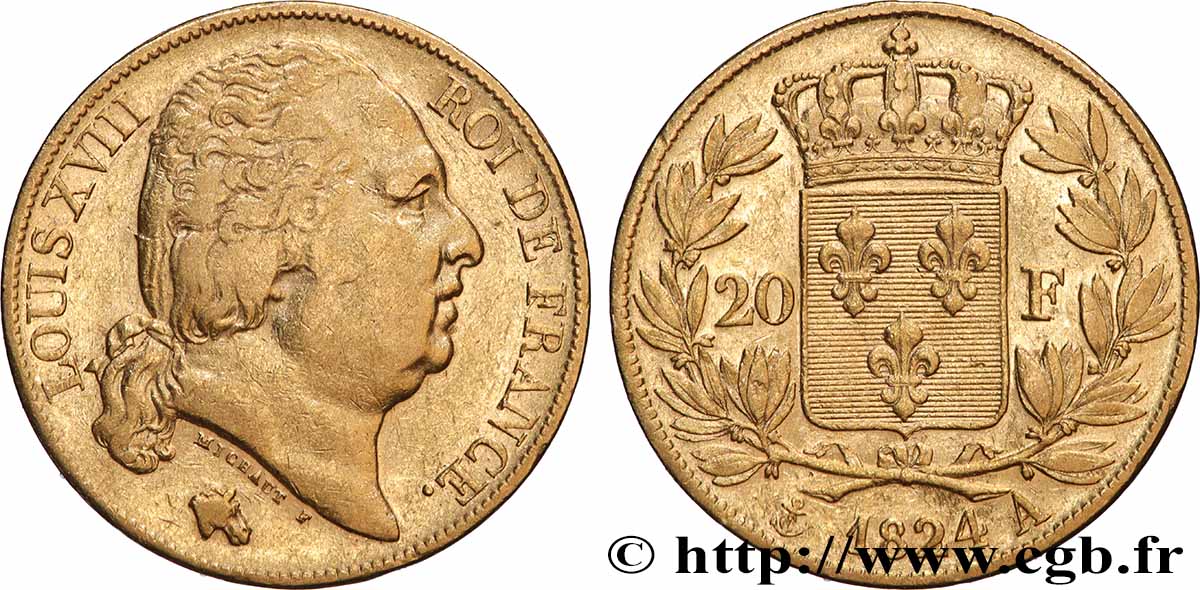 20 francs or Louis XVIII, tête nue 1824 Paris F.519/31 TTB 