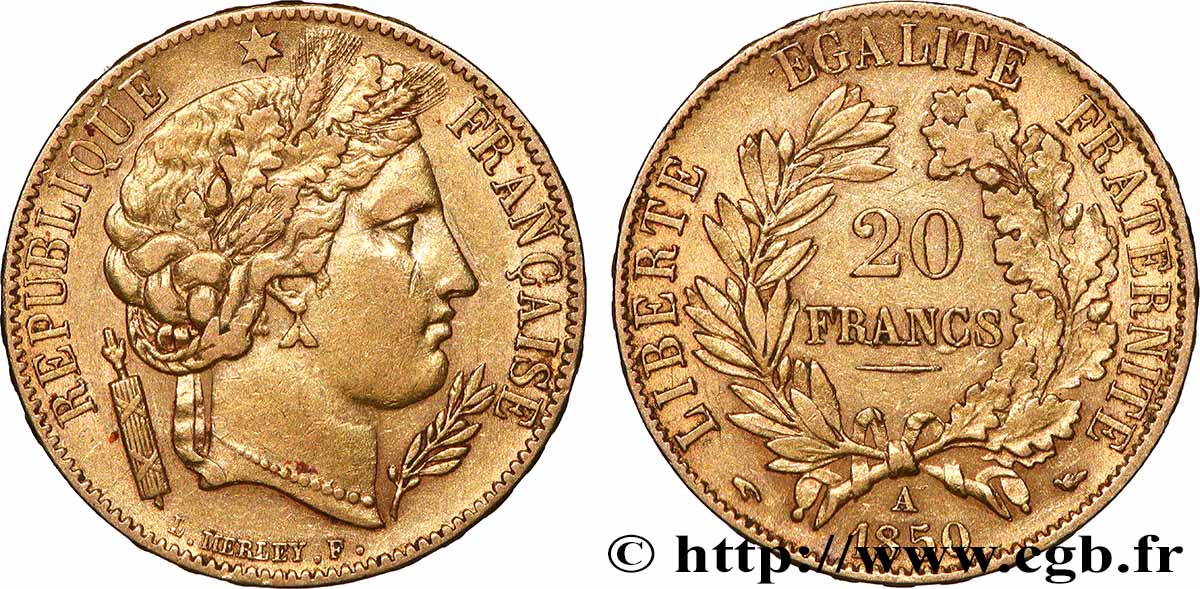 20 francs or Cérès 1850 Paris F.529/3 XF 