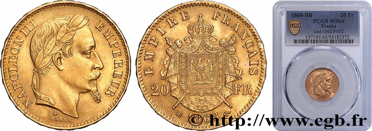 20 francs or Napoléon III, tête laurée 1868 Strasbourg F.532/19 SPL64 PCGS