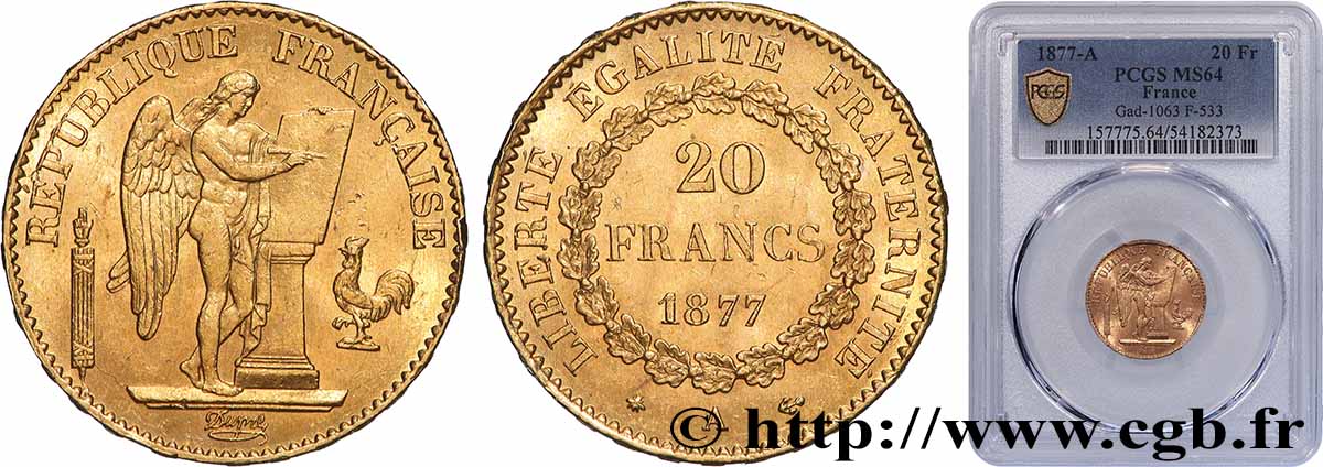20 francs or Génie, Troisième République 1877 Paris F.533/5 SPL64 PCGS