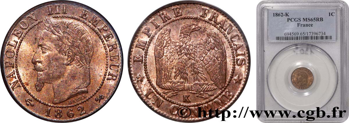 Un centime Napoléon III, tête laurée 1862 Bordeaux F.103/7 FDC65 PCGS