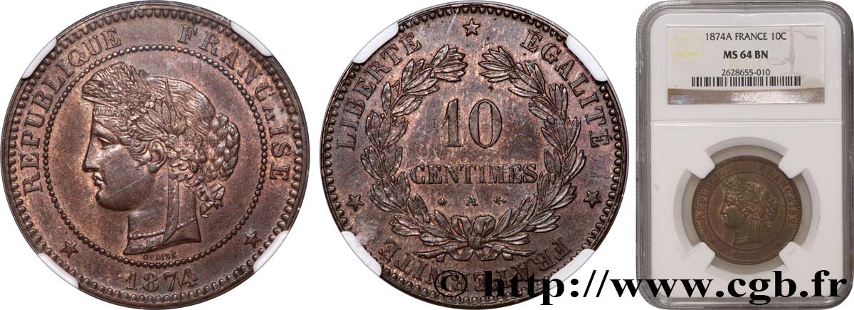 10 centimes Cérès 1874 Paris F.135/12 SPL64 NGC