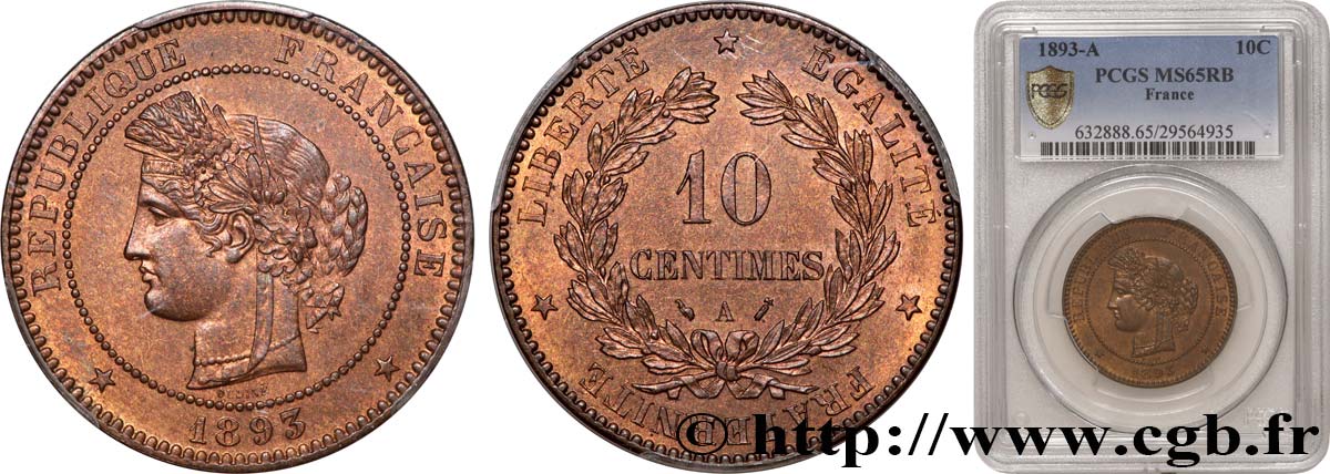10 centimes Cérès 1893 Paris F.135/38 FDC65 PCGS