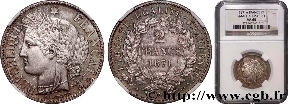 2 francs Cérès, avec légende 1871 Paris F.265/5 FDC65 NGC