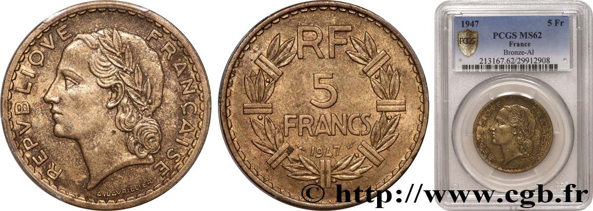 5 francs Lavrillier, bronze-aluminium 1947  F.337/9 SUP62 PCGS