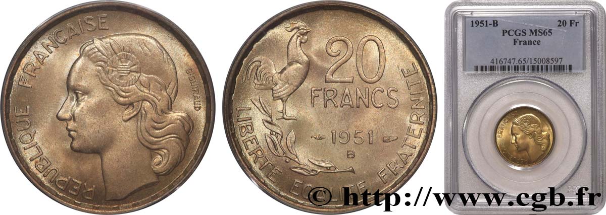 20 francs G. Guiraud 1951 Beaumont-Le-Roger F.402/8 FDC65 PCGS