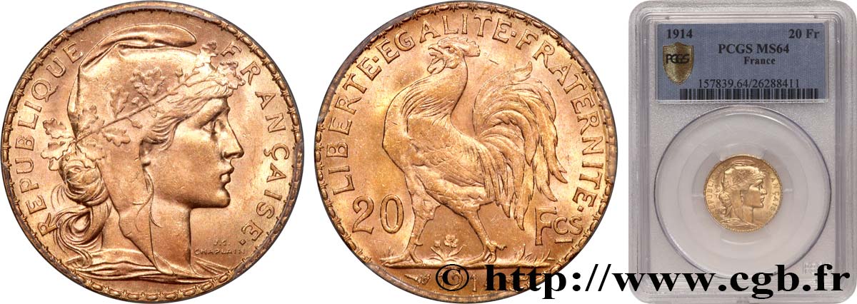 20 francs or Coq, Liberté Égalité Fraternité 1914 Paris F.535/8 fST64 PCGS