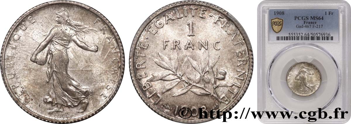 1 franc Semeuse 1908 Paris F.217/13 SPL64 PCGS