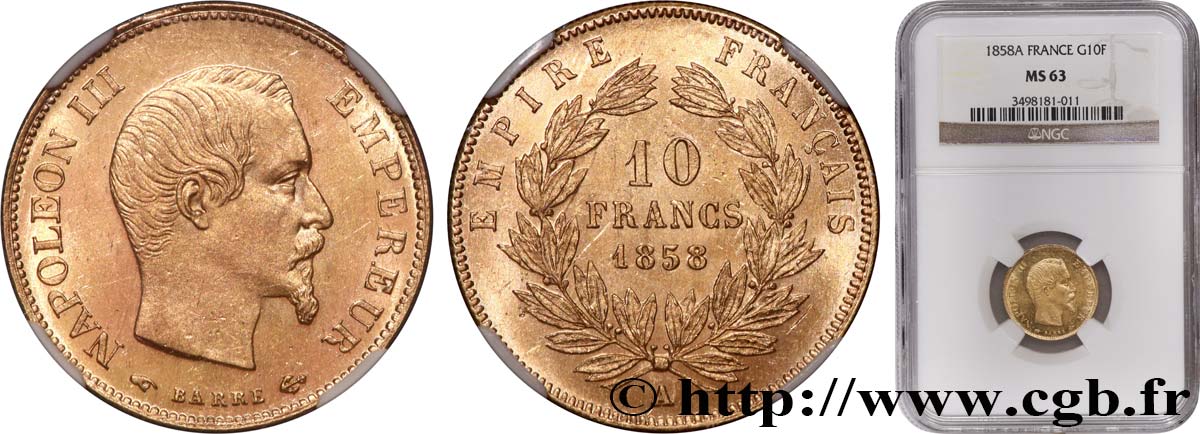 10 francs or Napoléon III, tête nue 1858 Paris F.506/5 SPL63 NGC