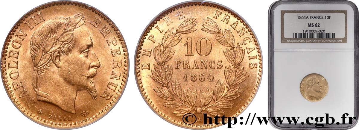 10 francs or Napoléon III, tête laurée 1864 Paris F.507A/6 SUP62 NGC