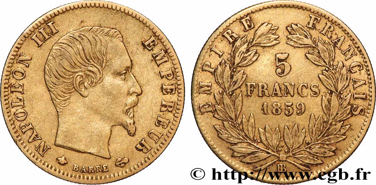 5 francs or Napoléon III, tête nue, grand module 1859 Strasbourg F.501/8 TTB 