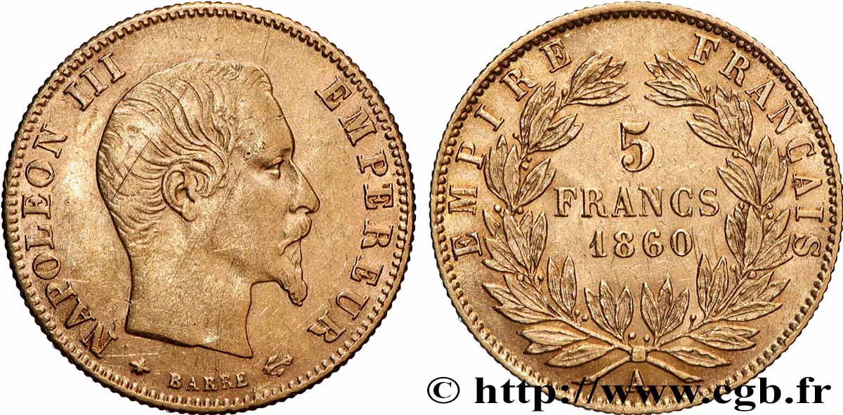 5 francs or Napoléon III, tête nue, grand module 1860 Paris F.501/11 TTB 