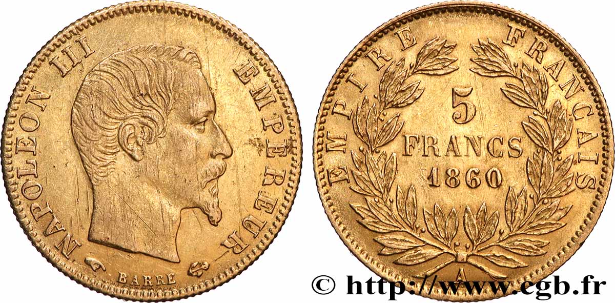 5 francs or Napoléon III, tête nue, grand module 1860 Paris F.501/10 TTB 