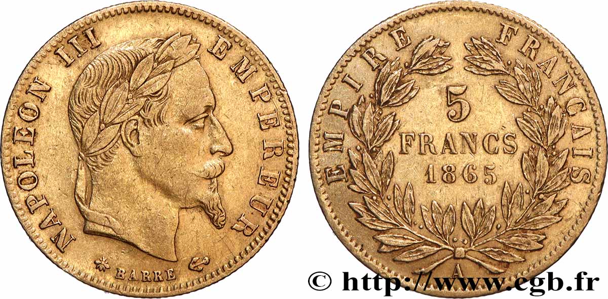 5 francs or Napoléon III, tête laurée 1865 Paris F.502/7 TTB 