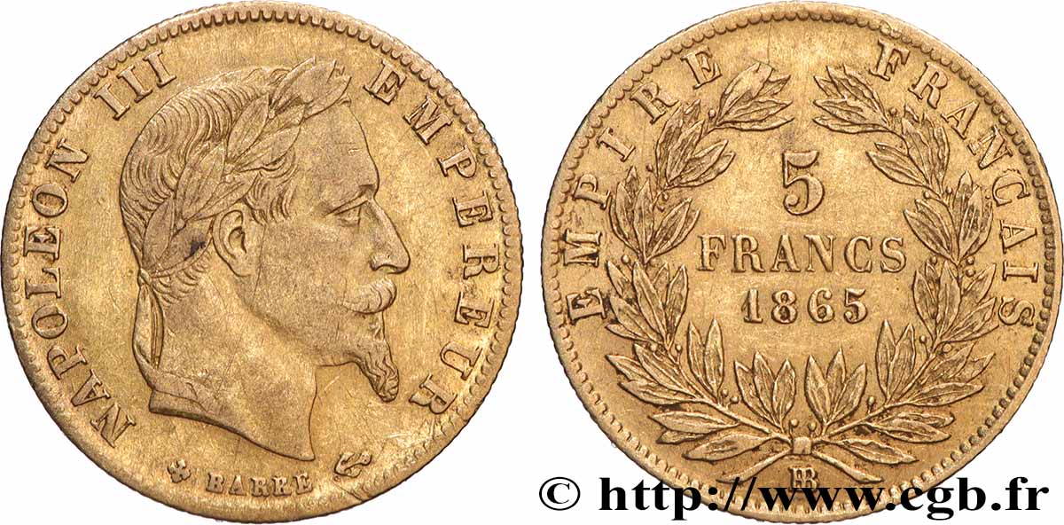 5 francs or Napoléon III, tête laurée 1865 Strasbourg F.502/8 TB+ 