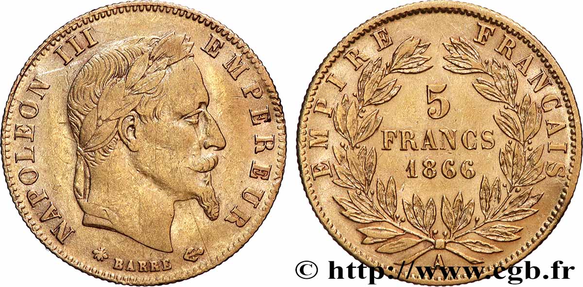 5 francs or Napoléon III, tête laurée 1866 Paris F.502/9 TB+ 