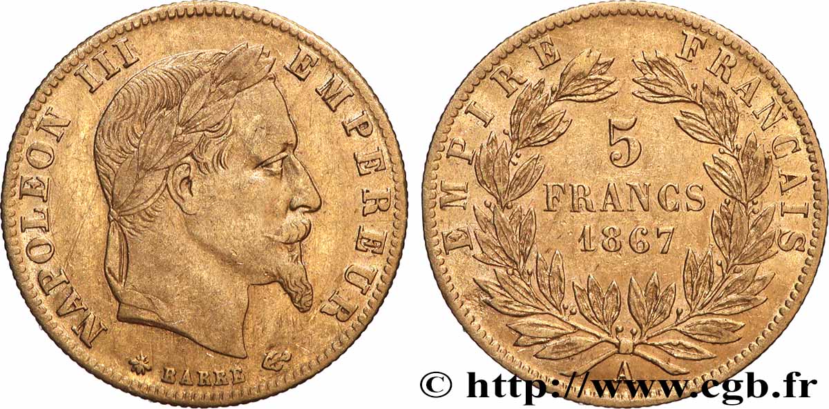 5 francs or Napoléon III, tête laurée 1867 Paris F.502/11 TTB 