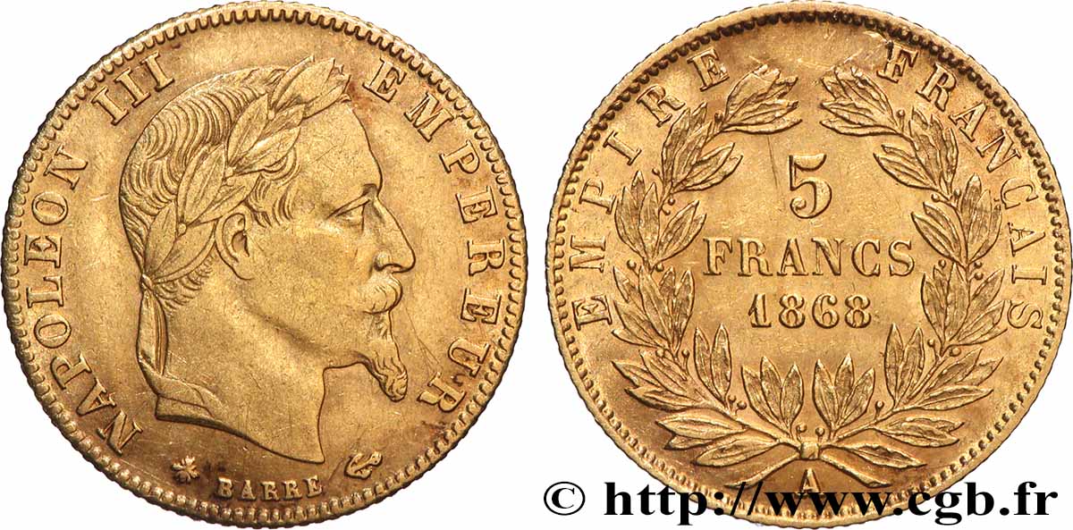 5 francs or Napoléon III, tête laurée 1868 Paris F.502/13 TTB 