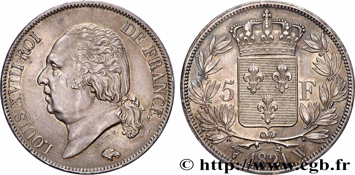 5 francs Louis XVIII, tête nue 1821 Lille F.309/67 SUP 