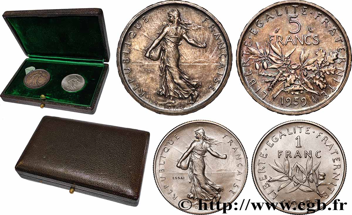 Coffret d essais de 5 francs et de 1 franc Semeuse “Haut Relief” 1959 Paris GEM.104 17 MS/MS 